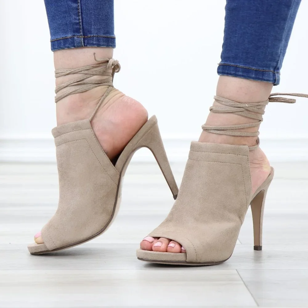 Tan Faux Suede Open Toe Ankle Laces High Heeled Sandals - Picture 7 of 12